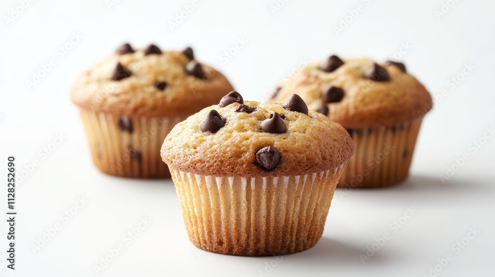 close-up of muffins on a white background with choco chips topping close-up of muffins on a white background with choco chips topping