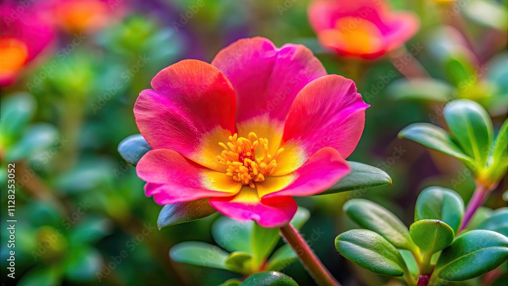 Close-up of a vibrant Portulaca oleracea (common purslane) flower, portulaca, oleracea, purslane, flower, close-up, macro Close-up of a vibrant Portulaca oleracea (common purslane) flower, portulaca, oleracea, purslane, flower, close-up, macro