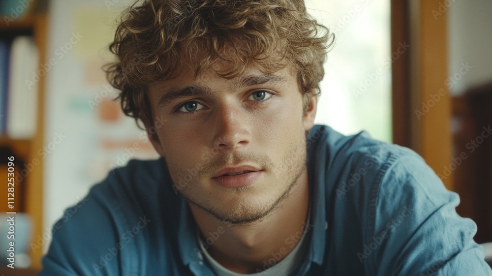 Young Man with Curly Hair Gazing Pensively Young Man with Curly Hair Gazing Pensively