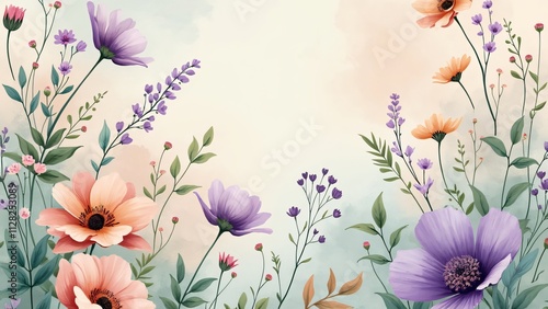 Pastel Floral Wallpaper, Delicate Watercolor Roses, Daisies & Wildflowers on Cream & Aqua Gradient