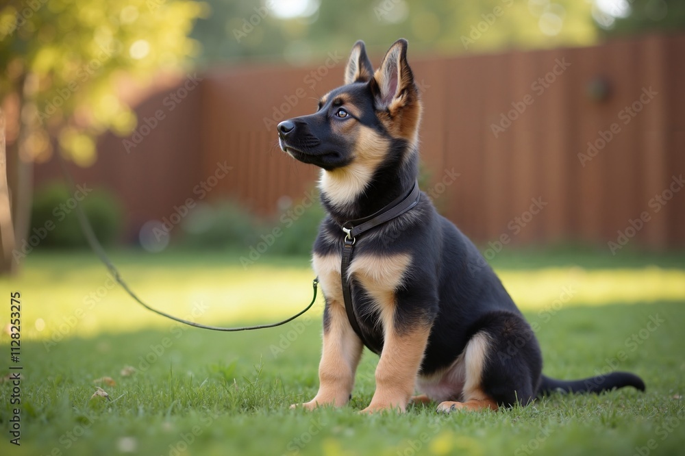 Alert German Shepherd puppy sits in sunny backyard, companionship Alert German Shepherd puppy sits in sunny backyard, companionship