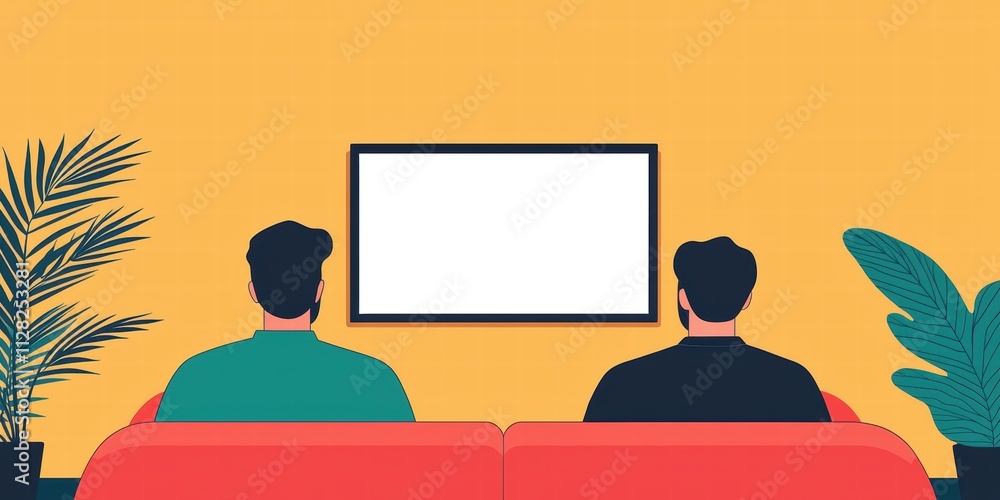 aging population future concept. Two men sit on a red couch facing a blank TV screen, surrounded by indoor plants against a vibrant yellow background. aging population future concept. Two men sit on a red couch facing a blank TV screen, surrounded by indoor plants against a vibrant yellow background.