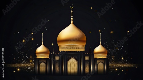 Happy Islamic New Year Poster Design with Black Background Isolated Golden Mosque Dome.