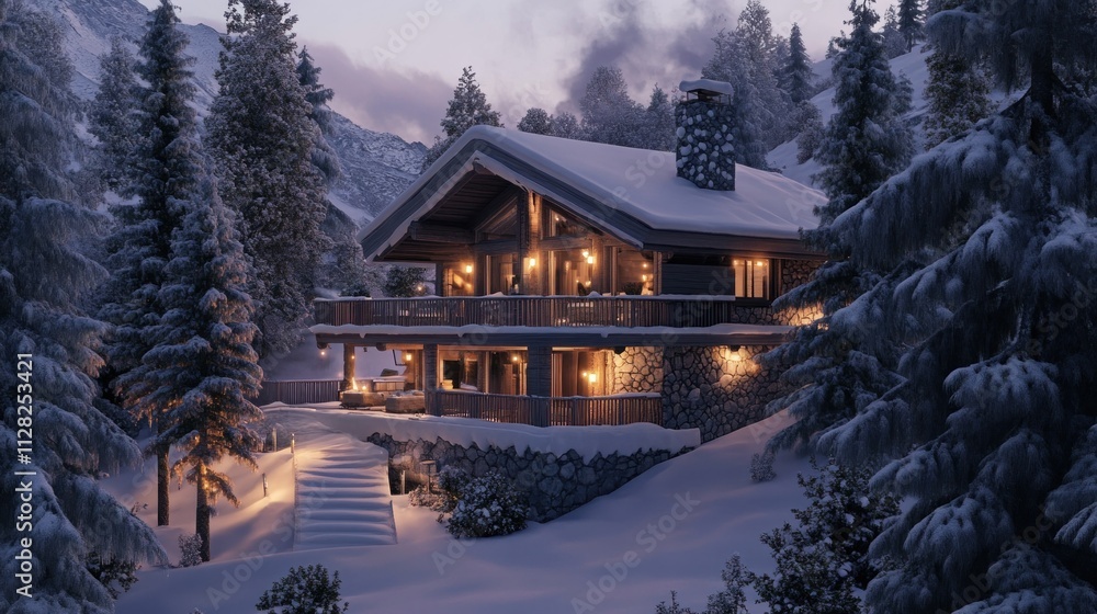 Mountain chalet with snow-covered deck, frosty pine trees, peaceful winter twilight Mountain chalet with snow-covered deck, frosty pine trees, peaceful winter twilight