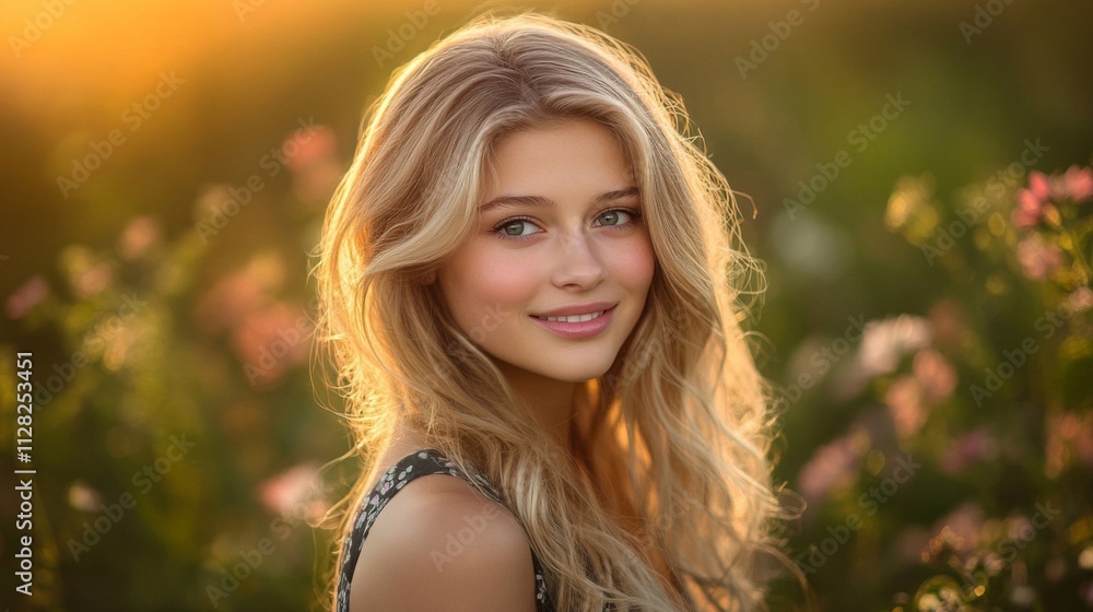 Blonde Woman Smiling in a Field of Flowers Blonde Woman Smiling in a Field of Flowers