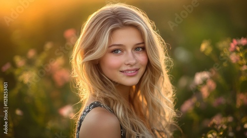 Blonde Woman Smiling in a Field of Flowers