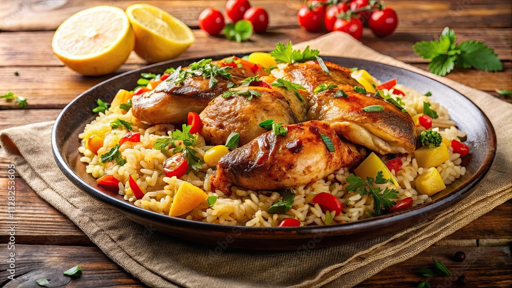 A delicious plate of chicken and rice with vibrant colors and mouth-watering textures, food, meal, dish, dinner A delicious plate of chicken and rice with vibrant colors and mouth-watering textures, food, meal, dish, dinner