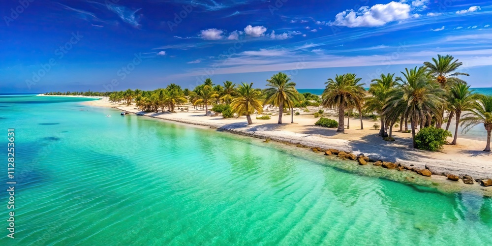 Turquoise waters, white sandy beaches, and palm trees on Djerba Island in Tunisia paradise, Djerba, Tunisia, island Turquoise waters, white sandy beaches, and palm trees on Djerba Island in Tunisia paradise, Djerba, Tunisia, island