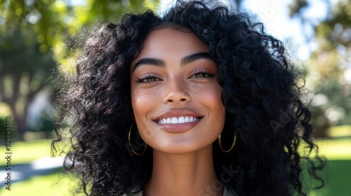 Woman with curly hair smiling outdoors