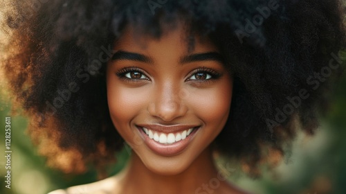 Young Woman Smiling with Large Afro Hair