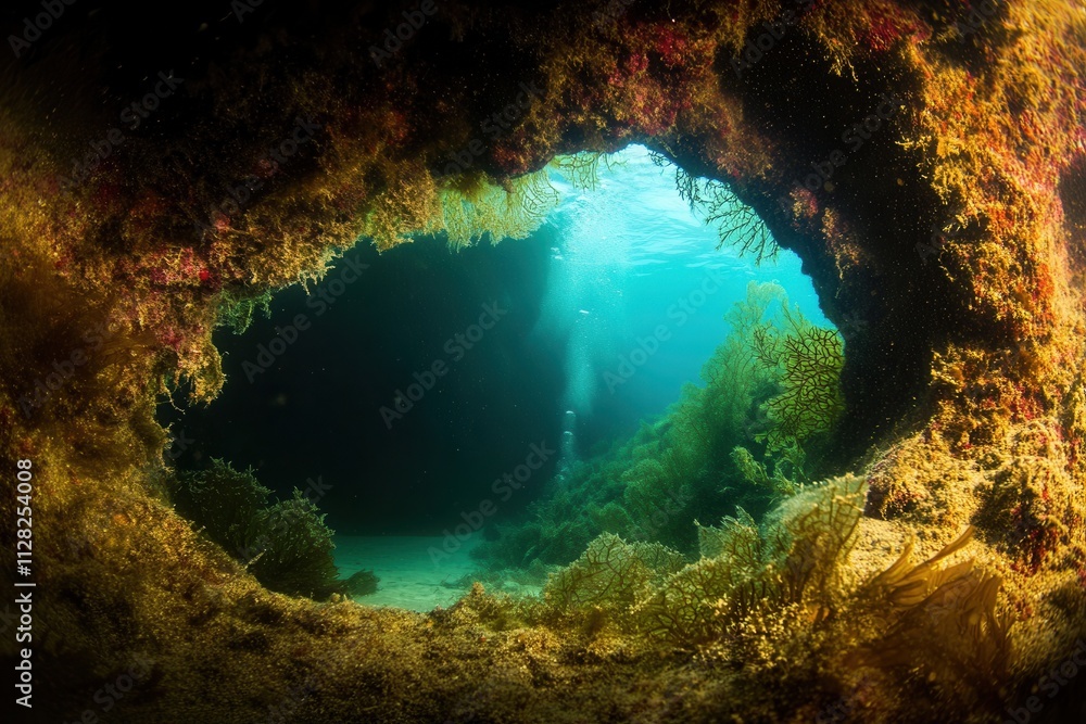 Underwater view through a natural rock arch. Underwater view through a natural rock arch.