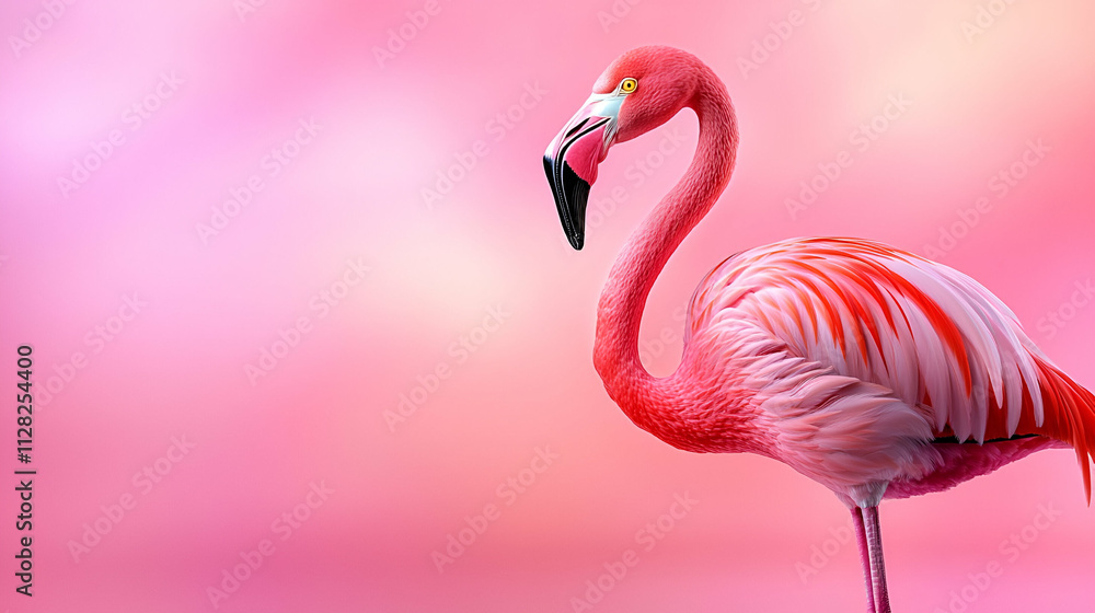 Fototapeta premium A vibrant pink flamingo stands elegantly against a soft, pastel background, showcasing its unique feathers and graceful posture.