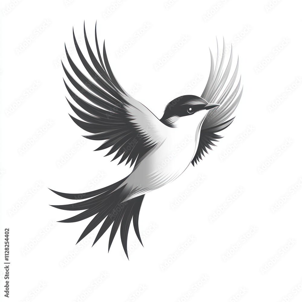 Obraz premium Monochrome bird in flight, wings spread wide.