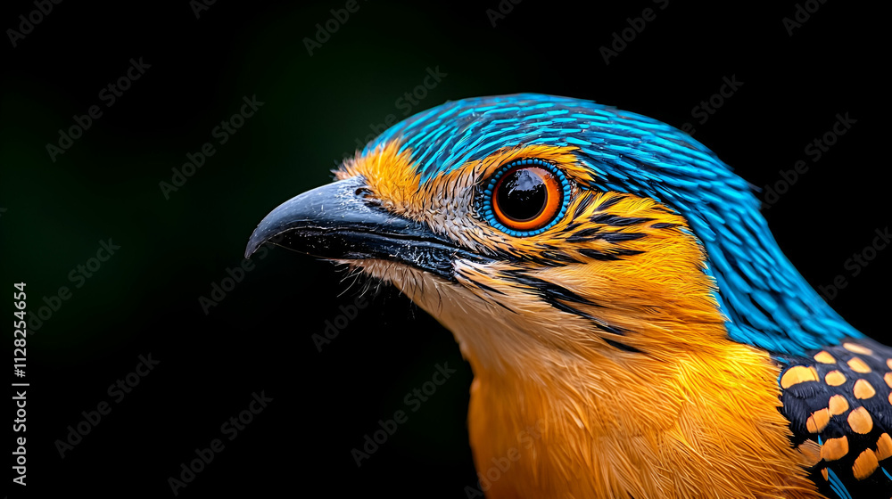 Vibrant close-up of a bird with striking blue and orange feathers against a dark background. Vibrant close-up of a bird with striking blue and orange feathers against a dark background.