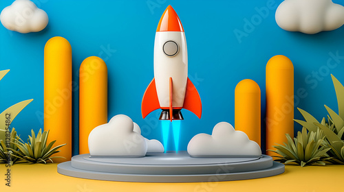 A colorful rocket taking off from a circular platform, surrounded by clouds and stylized background elements, conveying a sense of creativity and innovation.