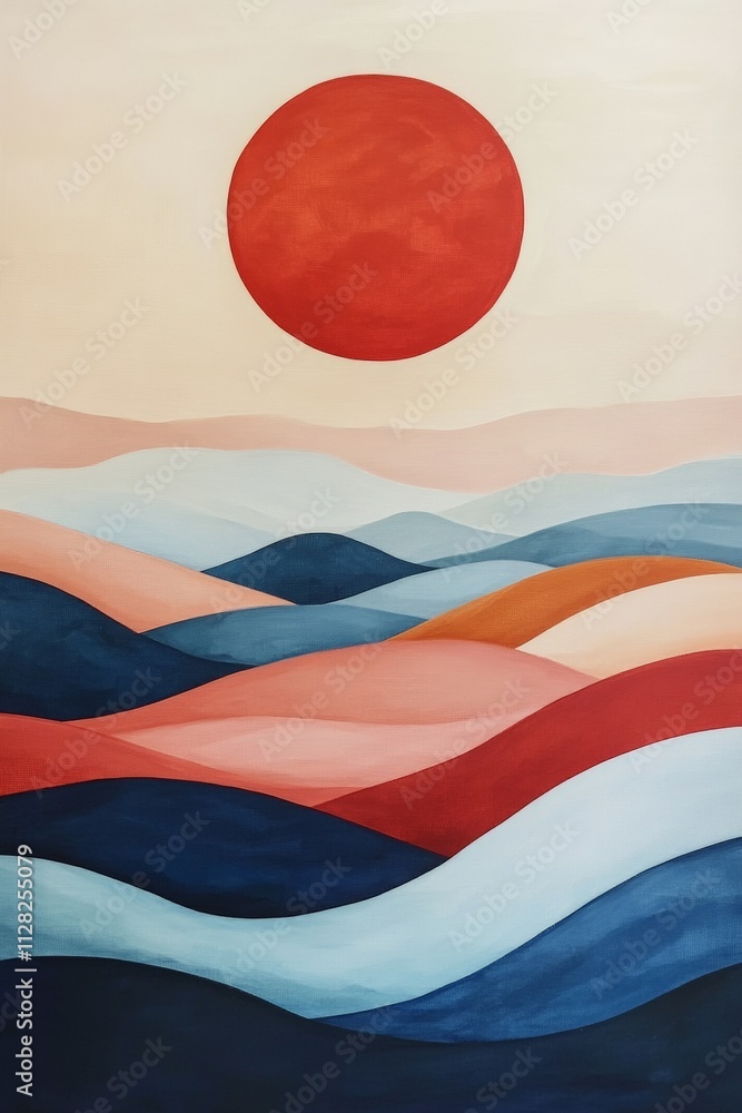 Naklejka premium Wellenlandschaft unter rotem Sonnenball