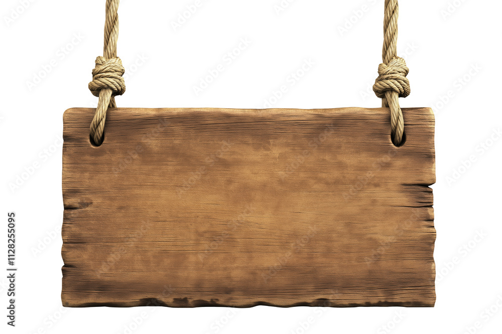 Generative AI of Polished Wooden Sign Hanging on Ropes PNG with Clipping Path Cutout and Copy Space Concept for Traditional Country Decor, Rustic Wedding Signage, and Eco-Friendly Message Boards