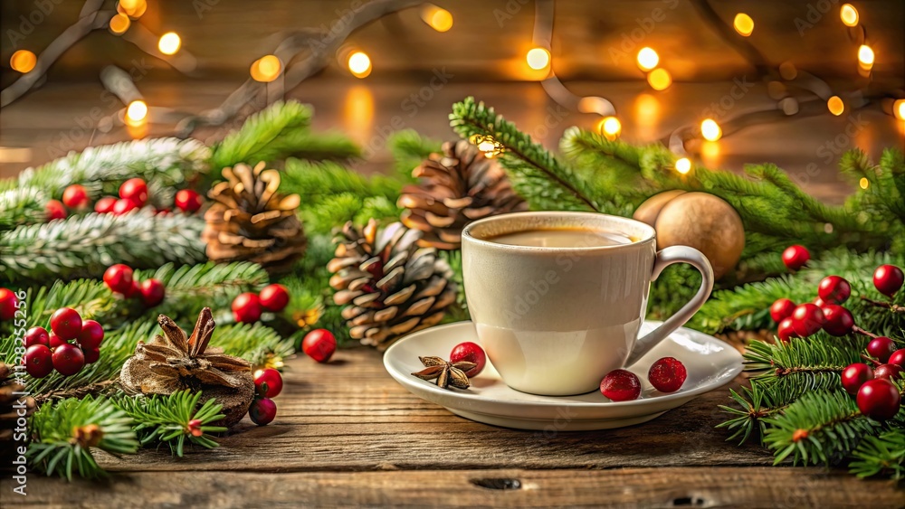 Cozy holiday coffee cup surrounded by festive decorations and greenery, festive, cozy, coffee, cup, holiday, decorations, greenery Cozy holiday coffee cup surrounded by festive decorations and greenery, festive, cozy, coffee, cup, holiday, decorations, greenery