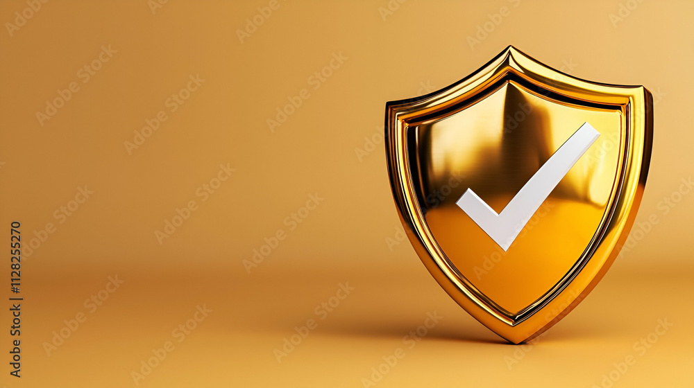 A shiny gold shield with a check mark symbolizes security and trust on a warm orange background. A shiny gold shield with a check mark symbolizes security and trust on a warm orange background.