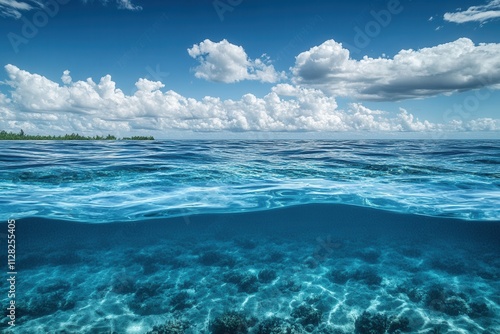 Serene ocean view with clear water and vibrant clouds.