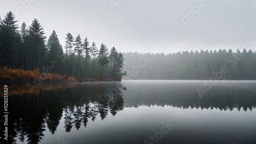 a foggy lake with trees and fog