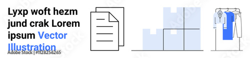 Office document with text, stacked boxes, and a clothing rack with hanging garments. Ideal for office organization, logistics, fashion merchandising, storage solutions, workplace efficiency, business