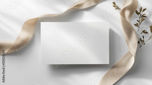 5x7 white card mockup with beige ribbon. photo