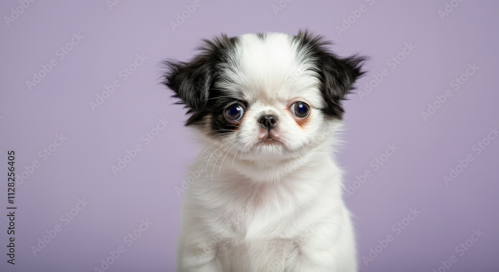 Adorable young japanese chin puppy with soft fur on pastel background Adorable young japanese chin puppy with soft fur on pastel background