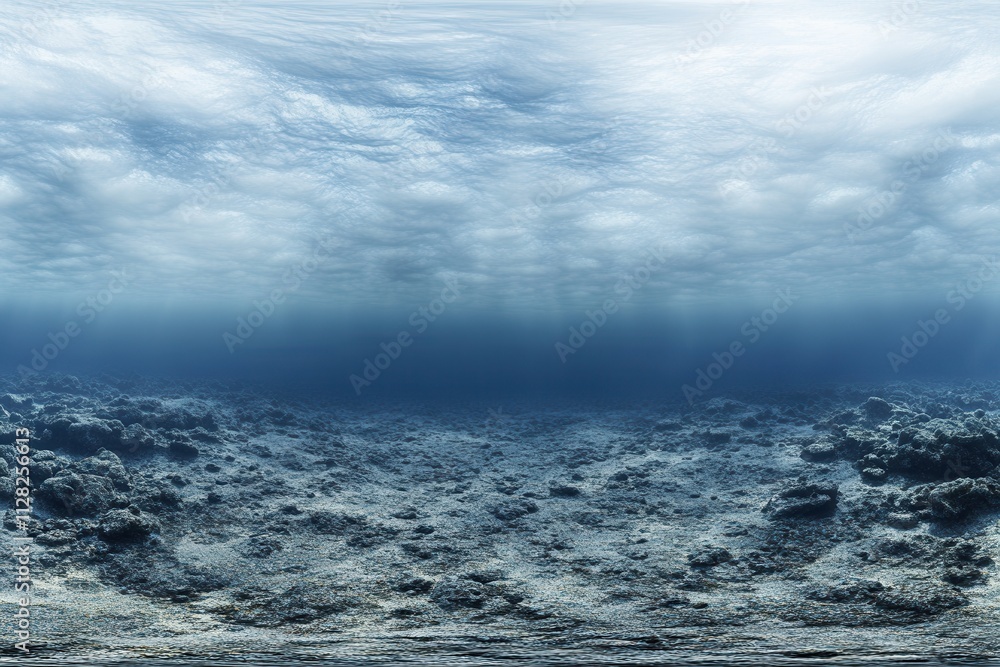 Fototapeta premium Underwater scene with a rocky seabed and cloudy surface.