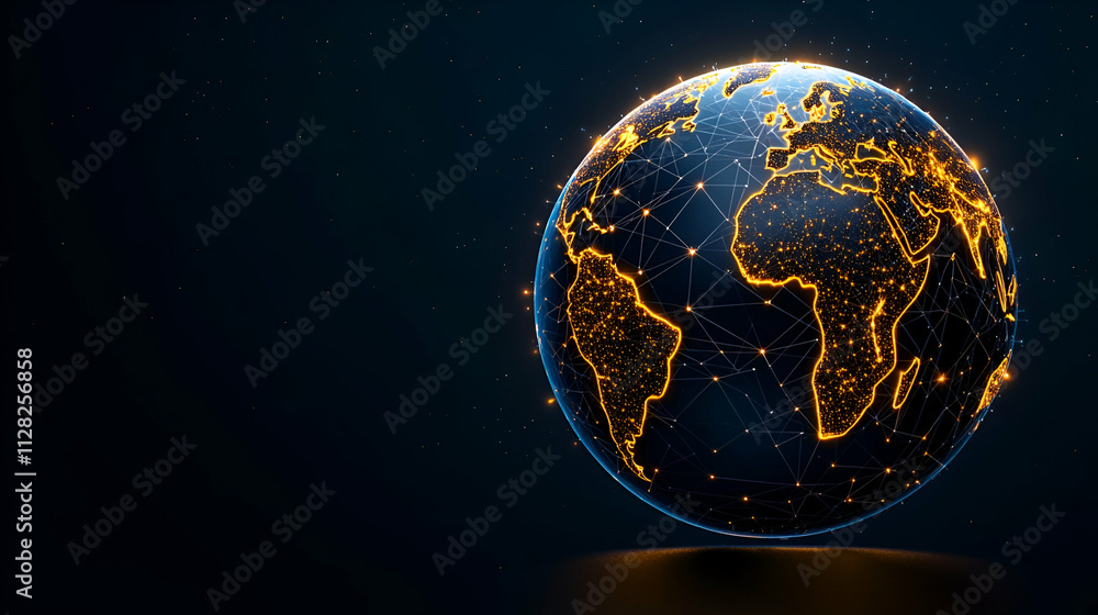 Naklejka premium A glowing digital globe with illuminated connections, representing global networking and technology against a dark background.