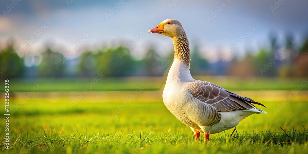 A close-up photo of a domestic goose standing on grass in a farm field , domestic, goose, bird, animal, farm, agriculture, livestock A close-up photo of a domestic goose standing on grass in a farm field , domestic, goose, bird, animal, farm, agriculture, livestock