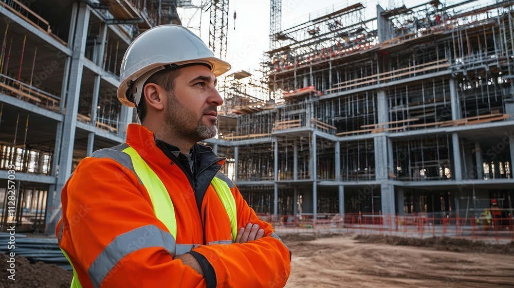 An electrical work safety engineer inspects wiring installations, guaranteeing compliance with safety regulations at the construction site An electrical work safety engineer inspects wiring installations, guaranteeing compliance with safety regulations at the construction site