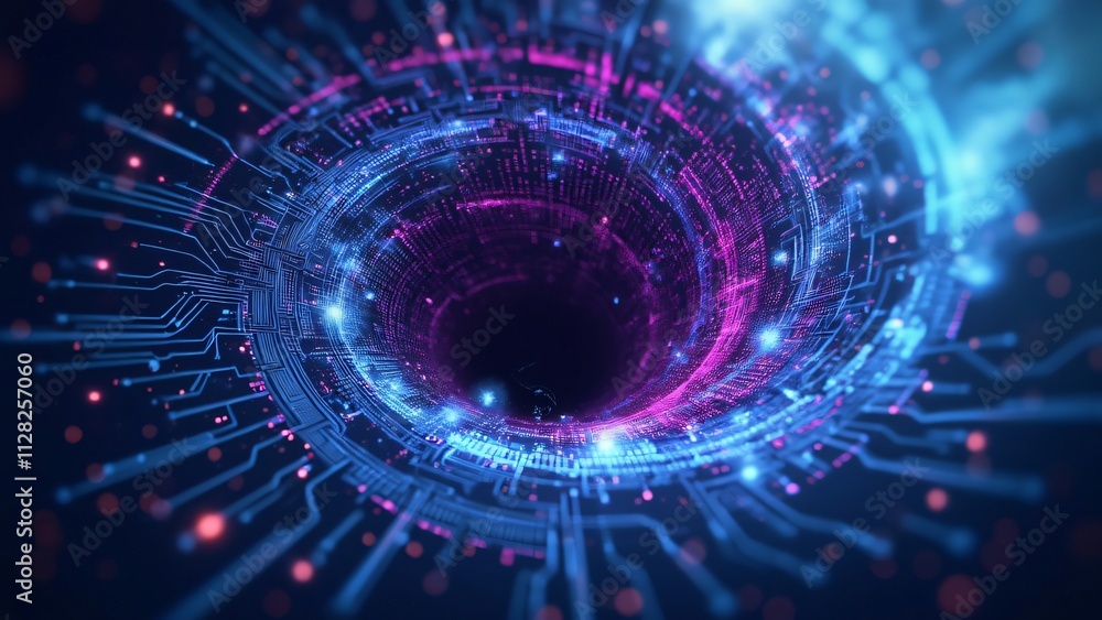Fototapeta premium Mesmerizing Neon Circuitry Vortex, Abstract Sci-Fi Digital Art, Futuristic Technology Background, Swirling Blues and Purples Cosmic Storm
