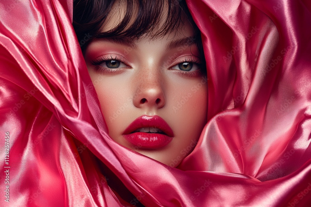 A beautiful woman's face partially covered by pink silk fabric, with bold makeup featuring glossy lipstick and soft, shiny lips. A beautiful woman's face partially covered by pink silk fabric, with bold makeup featuring glossy lipstick and soft, shiny lips.