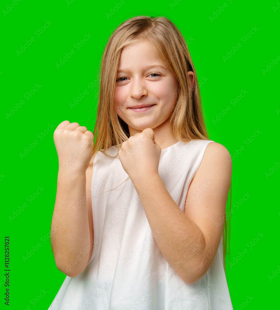 A young girl celebrating success with a joyful expression and clenched fists against a vibrant green background A young girl celebrating success with a joyful expression and clenched fists against a vibrant green background