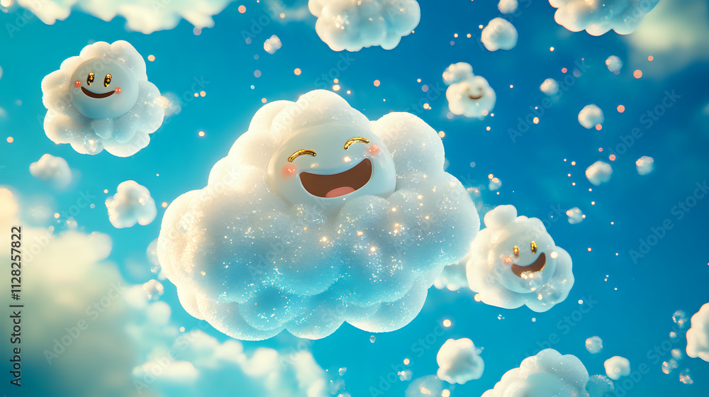 Whimsical Cloud of 3D Laughing Emojis Under Bright Blue Sky Whimsical Cloud of 3D Laughing Emojis Under Bright Blue Sky