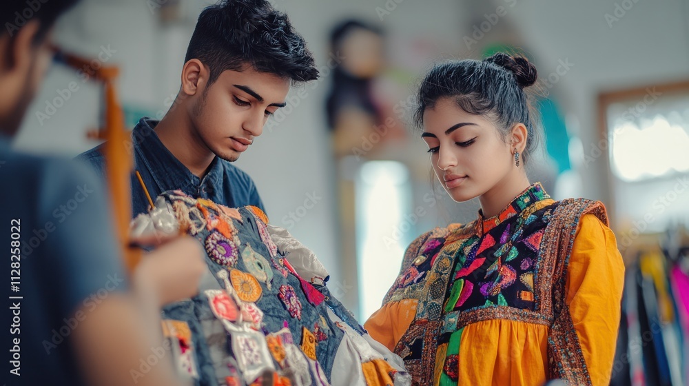A boy dreams of creating innovative festival fashion, blending modern styles with traditional influences, with the help of a woman designer A boy dreams of creating innovative festival fashion, blending modern styles with traditional influences, with the help of a woman designer