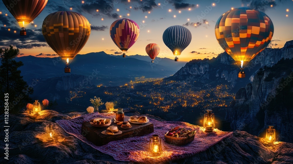 Fototapeta premium Midnight countdown high above the mountains in colorful hot air balloons, warm blankets, twinkling fairy lights, and gourmet snacks,