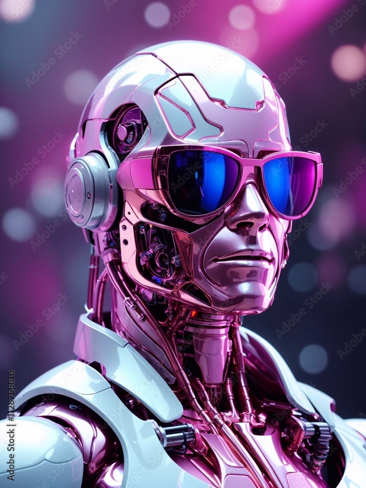 Futuristic metal biorobot. Robot in pink neon shades in stylish glasses. The atmosphere of the future. The concept of future technologies, artificial intelligence and the development of humanity. Futuristic metal biorobot. Robot in pink neon shades in stylish glasses. The atmosphere of the future. The concept of future technologies, artificial intelligence and the development of humanity.