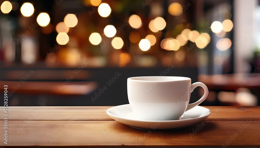 A cup of coffee on a wooden table with warm light bokeh background in the cafe. A cup of coffee on a wooden table with warm light bokeh background in the cafe.