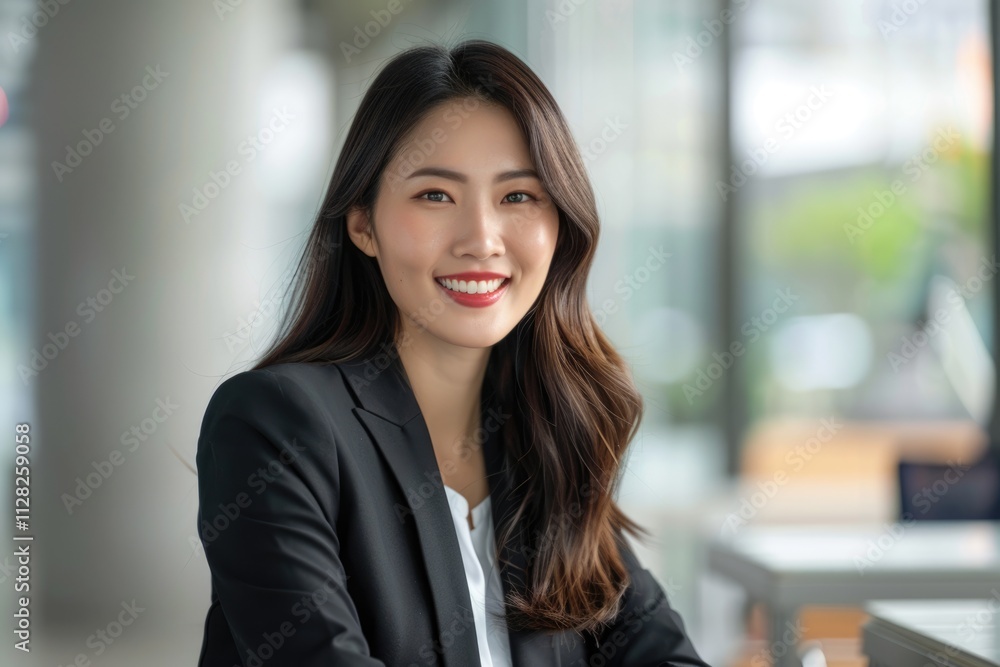 Successful Asian businesswoman in office smiling after project completion. Successful Asian businesswoman in office smiling after project completion.