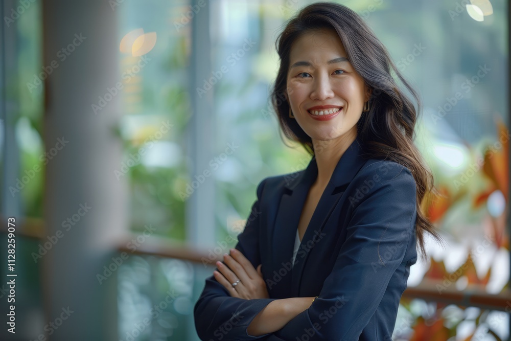 Happy Asian businesswoman standing with crossed arms smiling at camera. Happy Asian businesswoman standing with crossed arms smiling at camera.