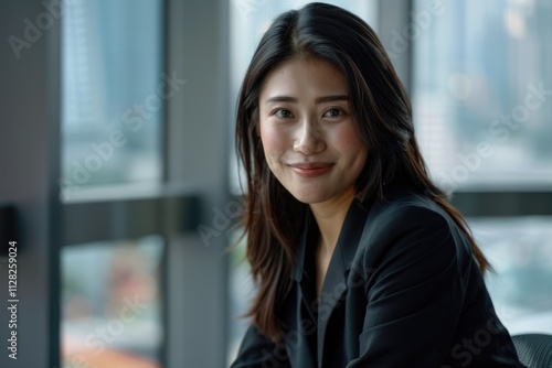 Free Download Successful Asian businesswoman in office  smiling after project completion. - GFXLoad