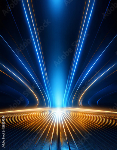 Dark blue neon light with rays of gold abstract night empty scen