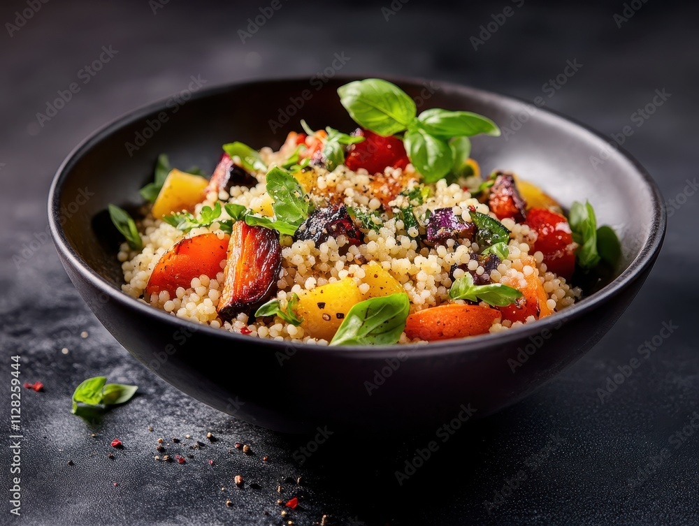 A vibrant bowl of couscous mixed with colorful vegetables and herbs. A vibrant bowl of couscous mixed with colorful vegetables and herbs.