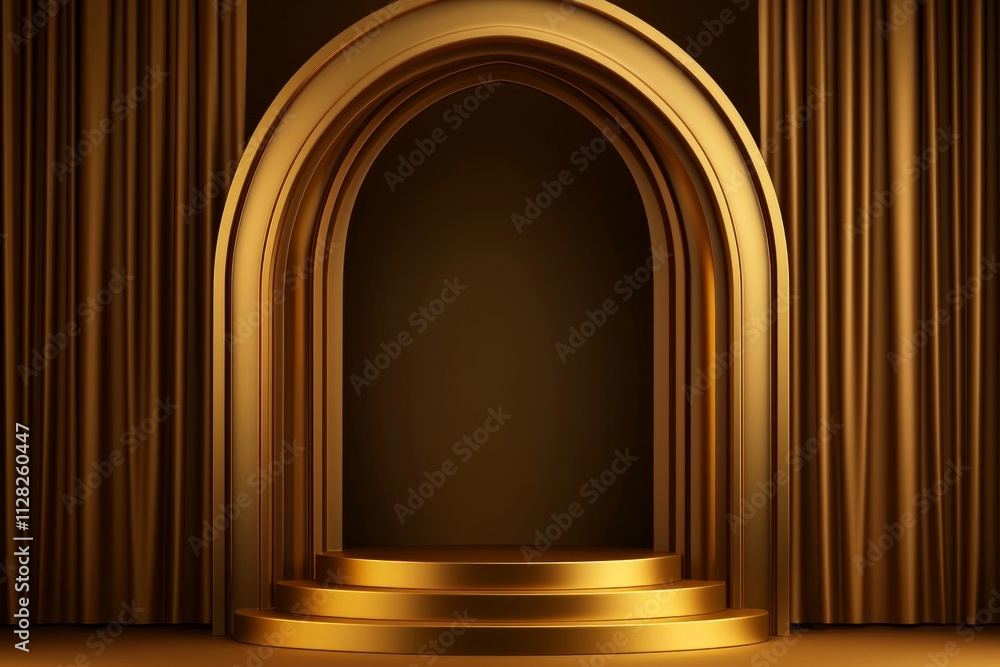 Fototapeta premium Gold podium scene with an arch and gold curtain, creating a sense of depth. The background is dark brown