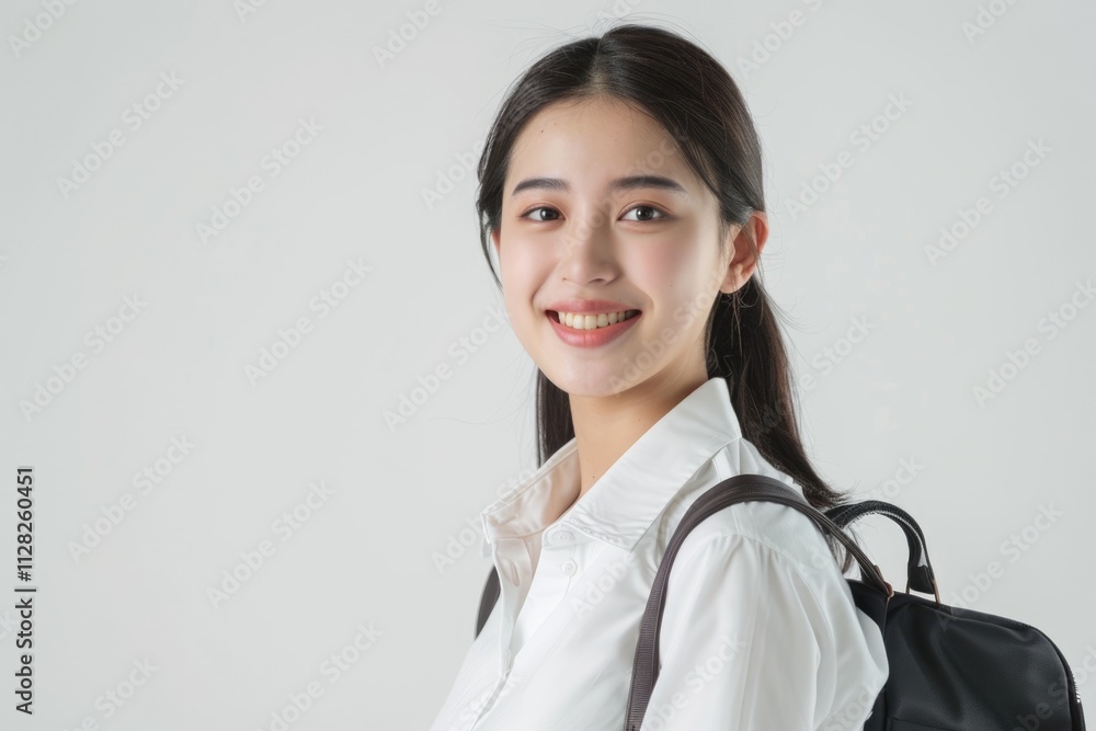 Confident young Asian businesswoman walking to office smiling. Confident young Asian businesswoman walking to office smiling.