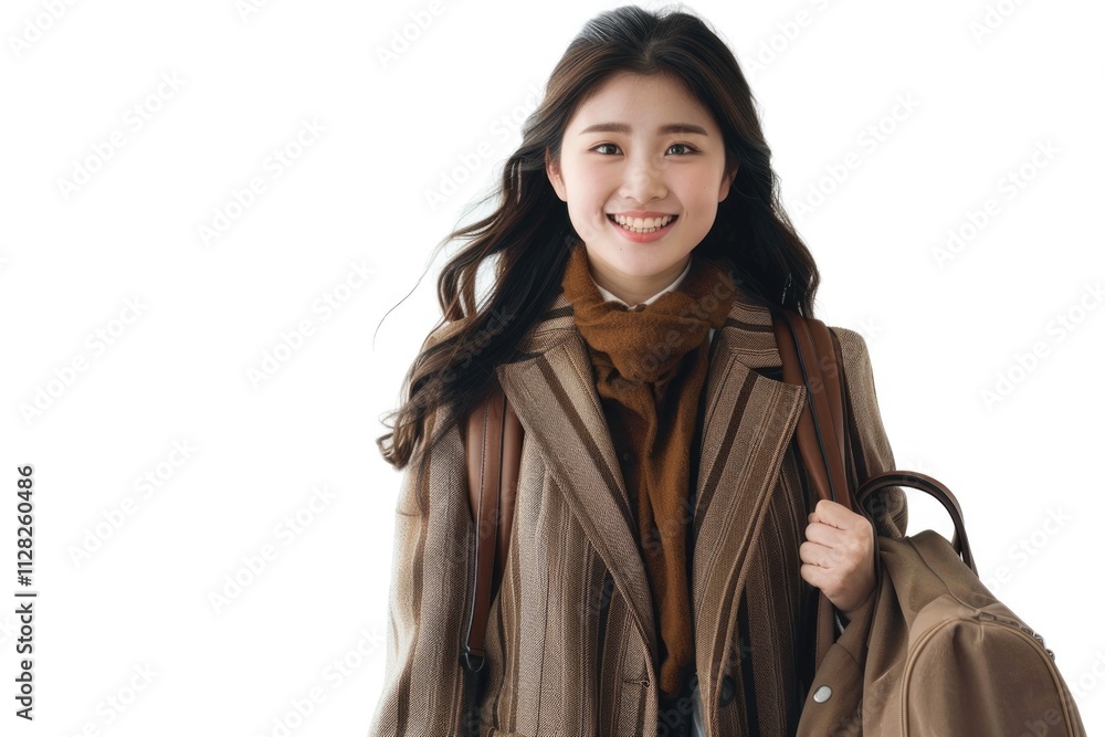 Happy Asian businesswoman in brown blazer commuting to work. Happy Asian businesswoman in brown blazer commuting to work.