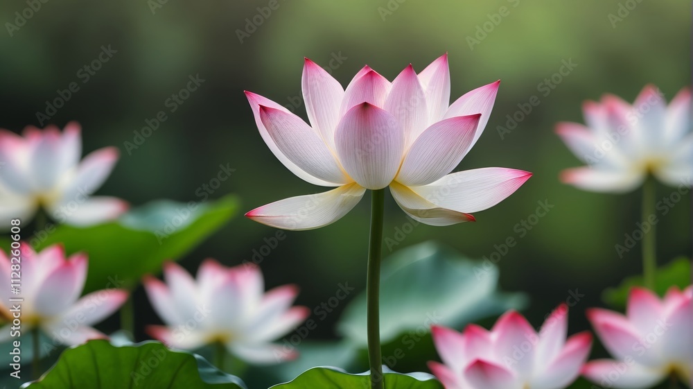 Fototapeta premium a pink lotus flower in a field of green leaves