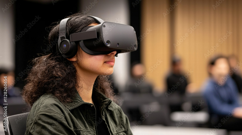 A student experiences virtual reality in a classroom setting, showcasing immersive technology and modern learning methods. A student experiences virtual reality in a classroom setting, showcasing immersive technology and modern learning methods.